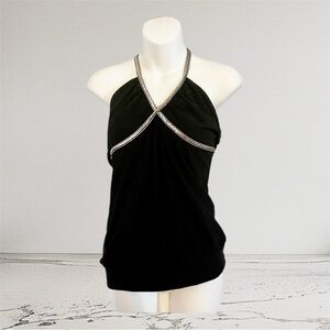 Vintage 90s Y2K Black Sequin Open Back Halter Top Charlotte Russe Shirt